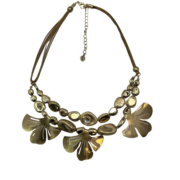C 1946 Signed Gold Tone Gingko Leaves and‎ Round Beads Necklace Leather Cord - Picture 2 of 12